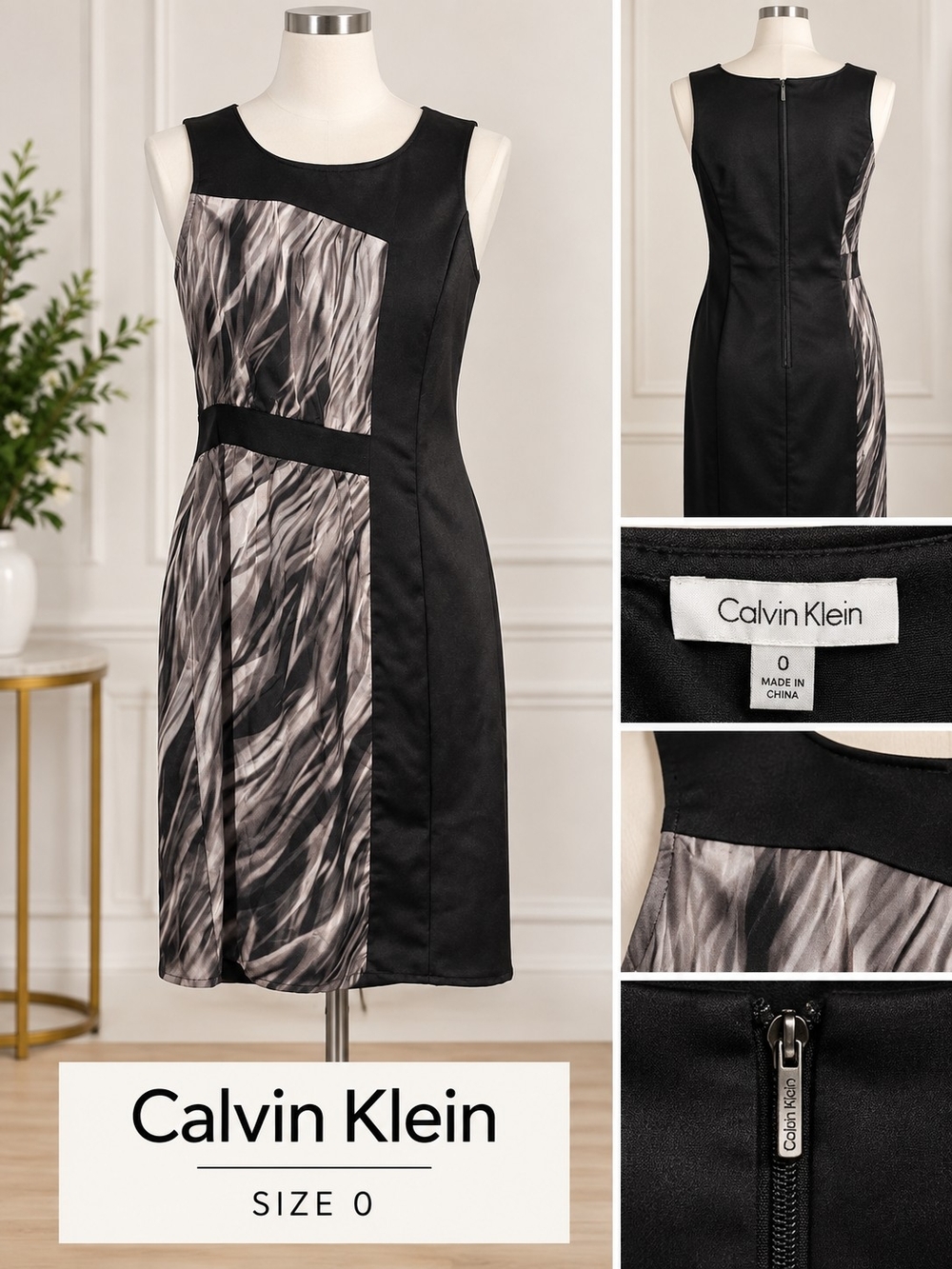 Calvin Klein Black & Silver Patterned Sheath Dress